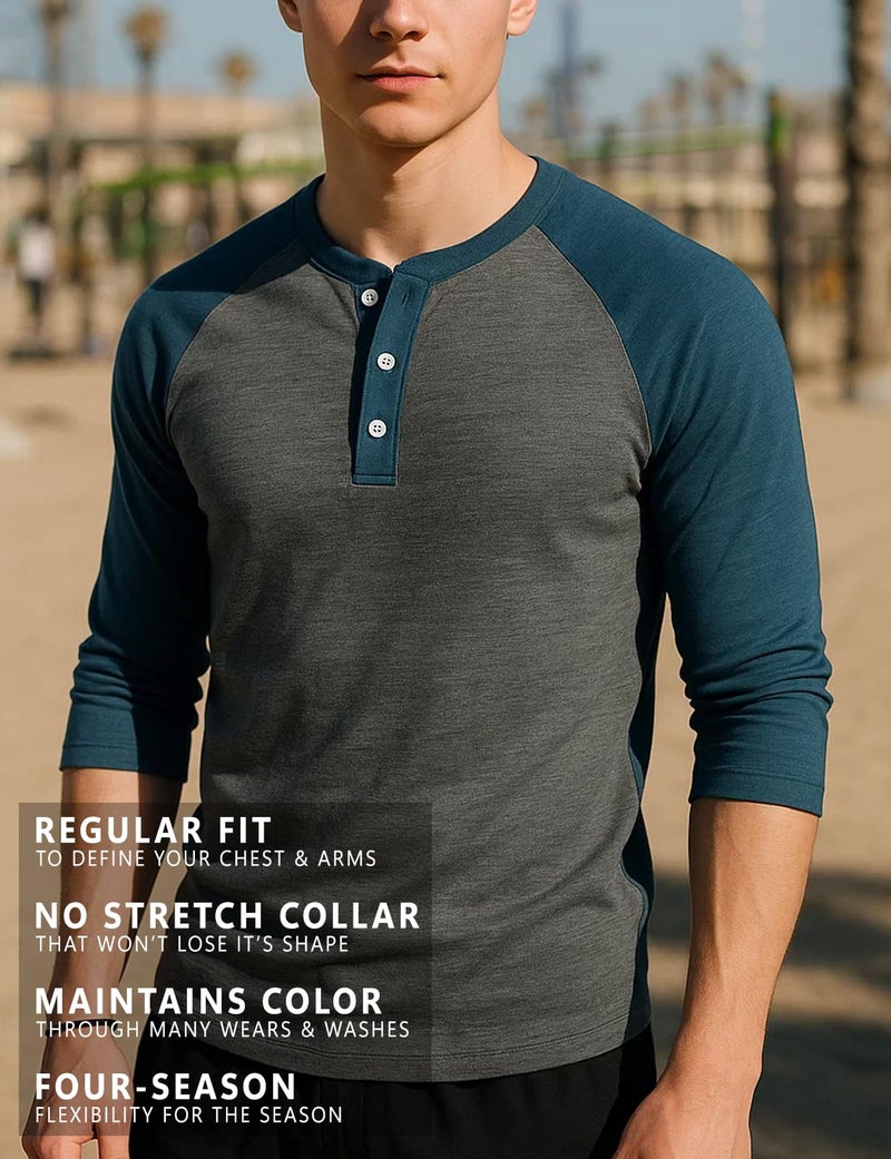 H2H Men's Slim Fit Casual Raglan 3/4 Sleeve Henley Baseball Jersey Knit T Shirt CHARCOALBLUE US L/Asia XL (CMTTS0174) - Image 5